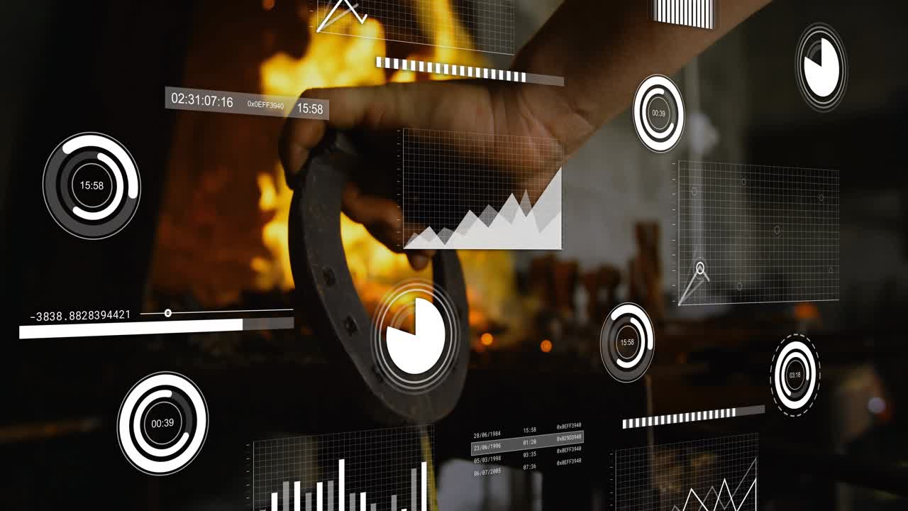 Foundry worker gripping crucible and pouring metal into mold and overlays updating data for casting