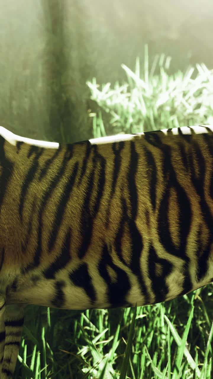 Majestic tiger walking through a sunlit forest during the morning hours