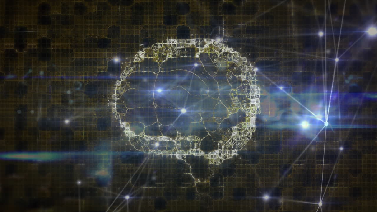 Animazione di cervello umano con reti di connessioni ed elaborazione dati