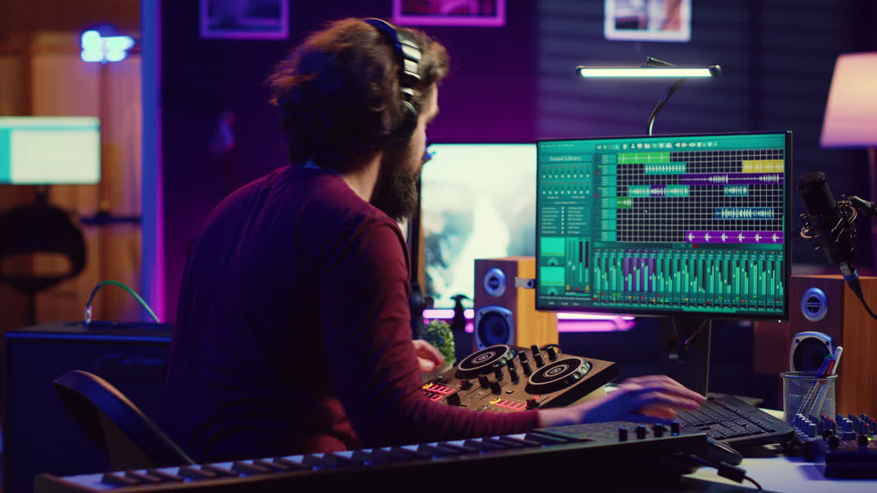 ingeniero de música que utiliza un palo usb para editar y agregar efectos de sonido en la grabación de audio