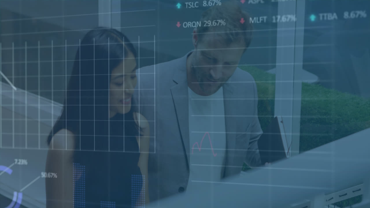 Animation of stock market data processing over diverse man and woman discussing on stairs at office