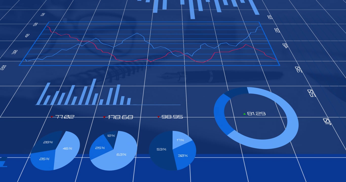 On start dark-blue grid dashboard animating charts, pies merging into donut chart to visualize data