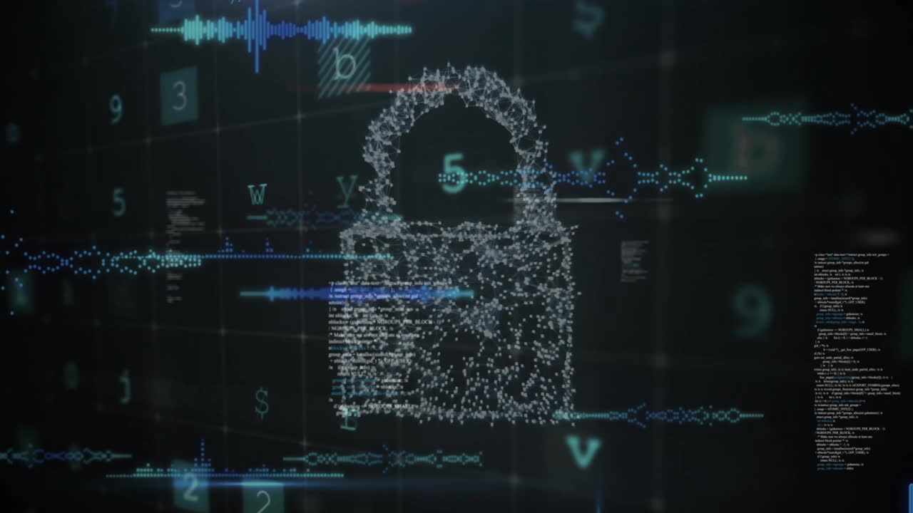 Animation of padlock icon and data processing on black background