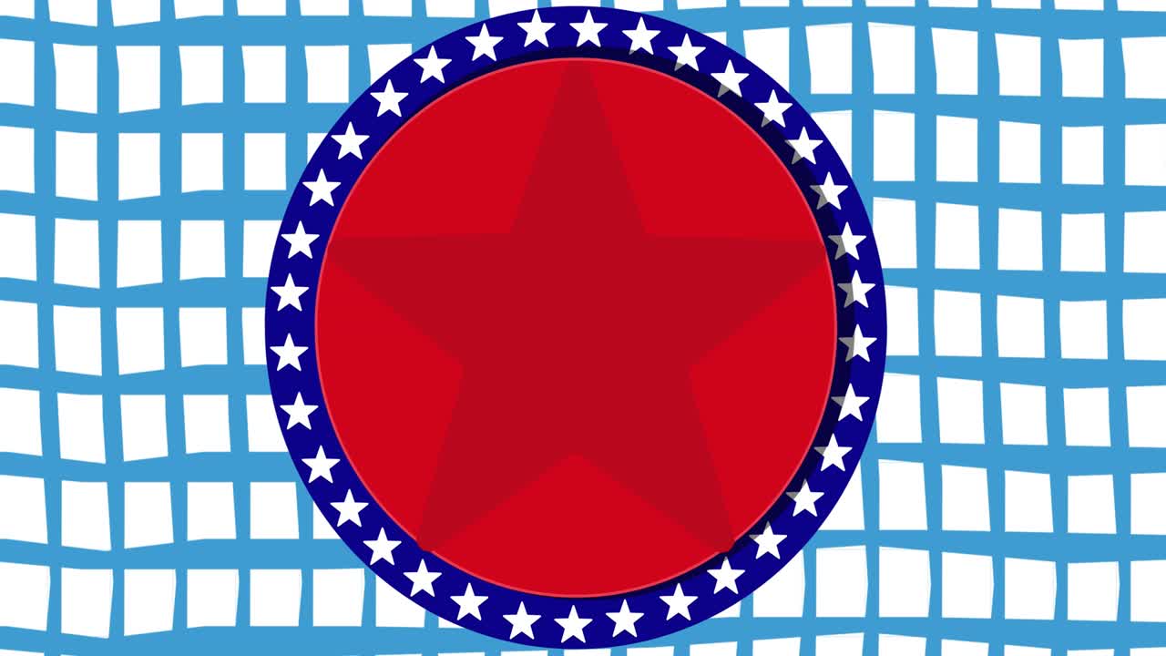 Animation of red, white and blue circles and stars, american flag elements over blue and white grid