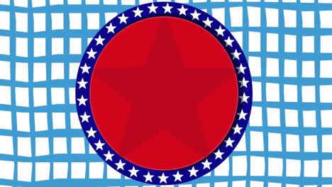 animation of red, white and blue circles and stars, american flag elements over blue and white grid