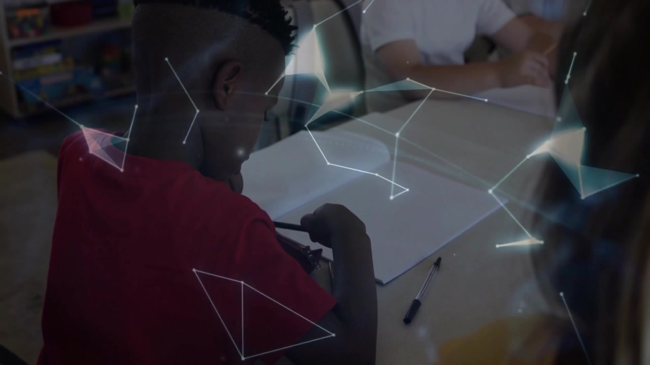Students sitting at classroom desk, interacting with floating digital globe for education