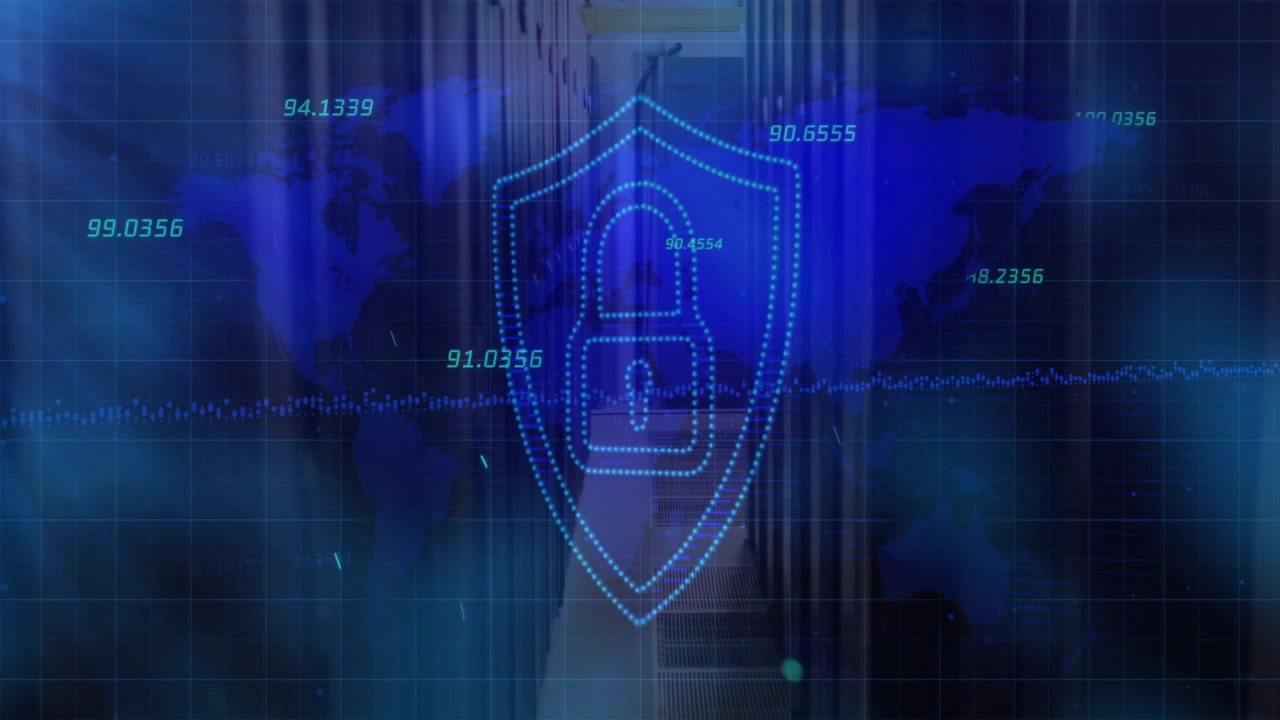 Data pulse initiating dotted trace, padlock shield forming glowing contour, showing global security