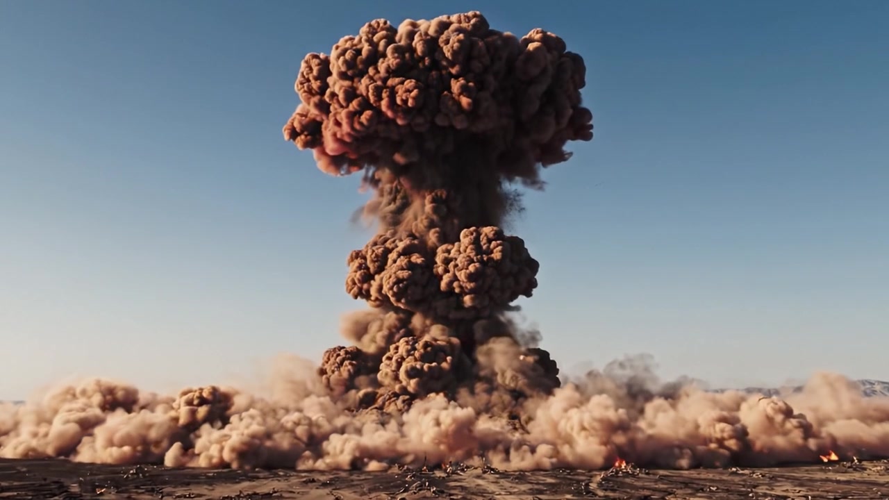 Eine gewaltige Explosion entfesselt eine massive Wolke aus Rauch und Trümmern, die die Kraft einer unglaublichen Detonation in einer abgelegenen Wüstenlandschaft symbolisiert.