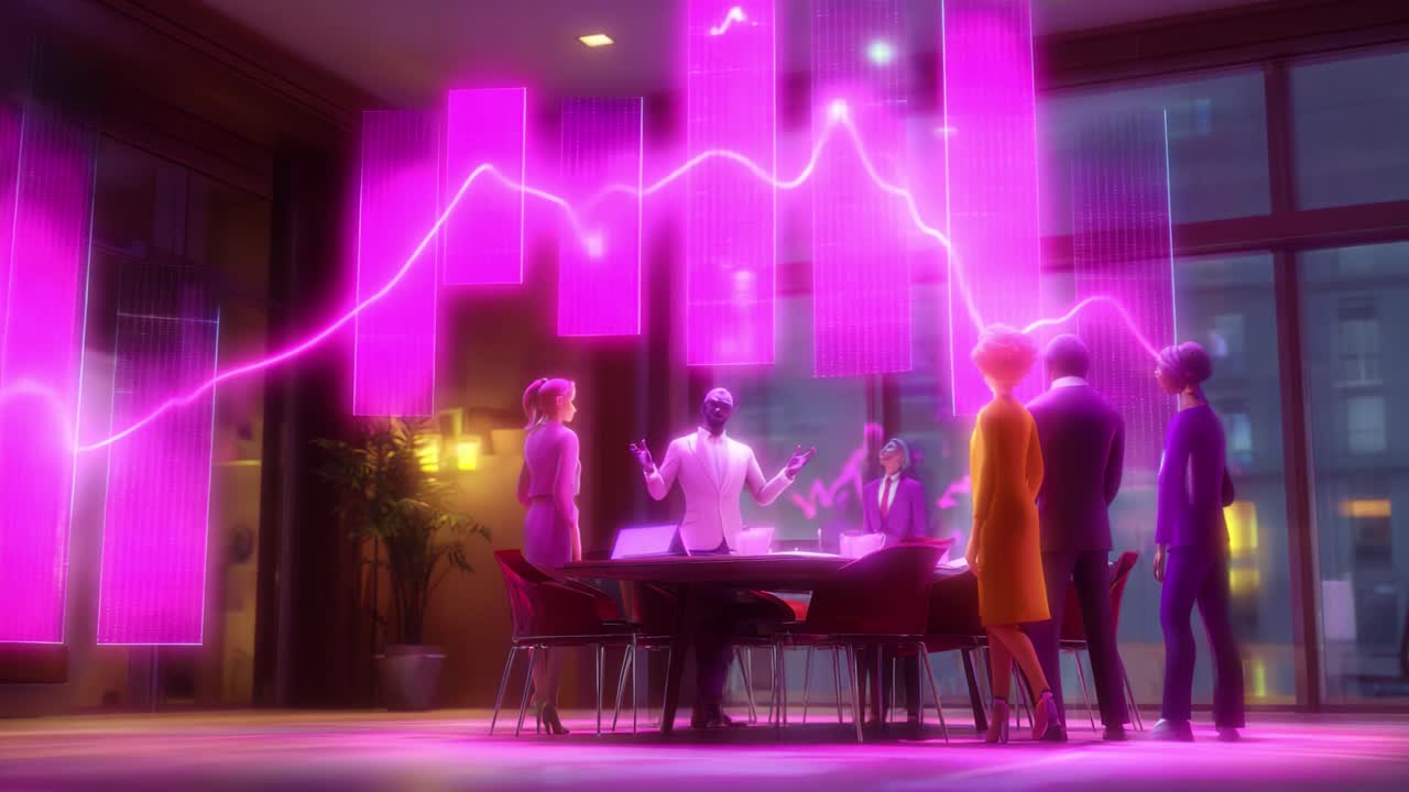 In an innovative meeting room, a diverse group of professionals gathers around a conference table, captivated by dynamic visual data displays representing growth and collaboration