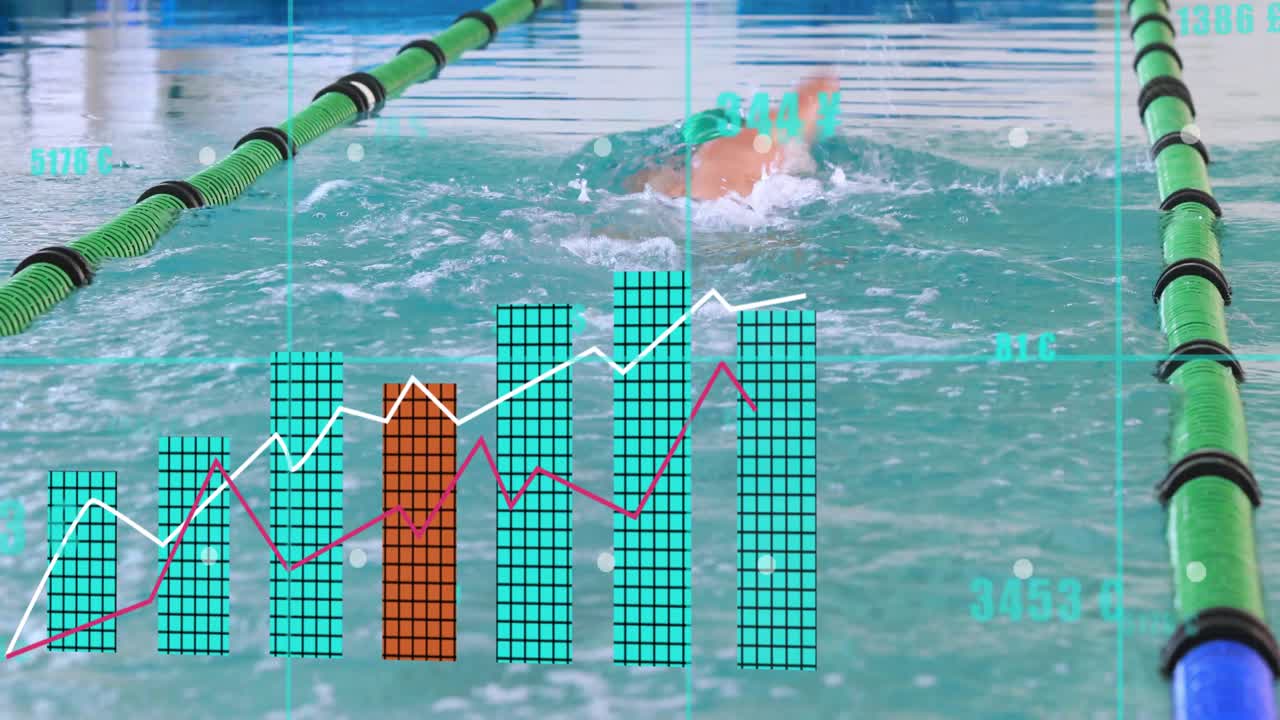 Nadador masculino iniciando o nado crawl na piscina, fazendo com que gráficos HUD se sobreponham à água para exibir métricas esportivas.