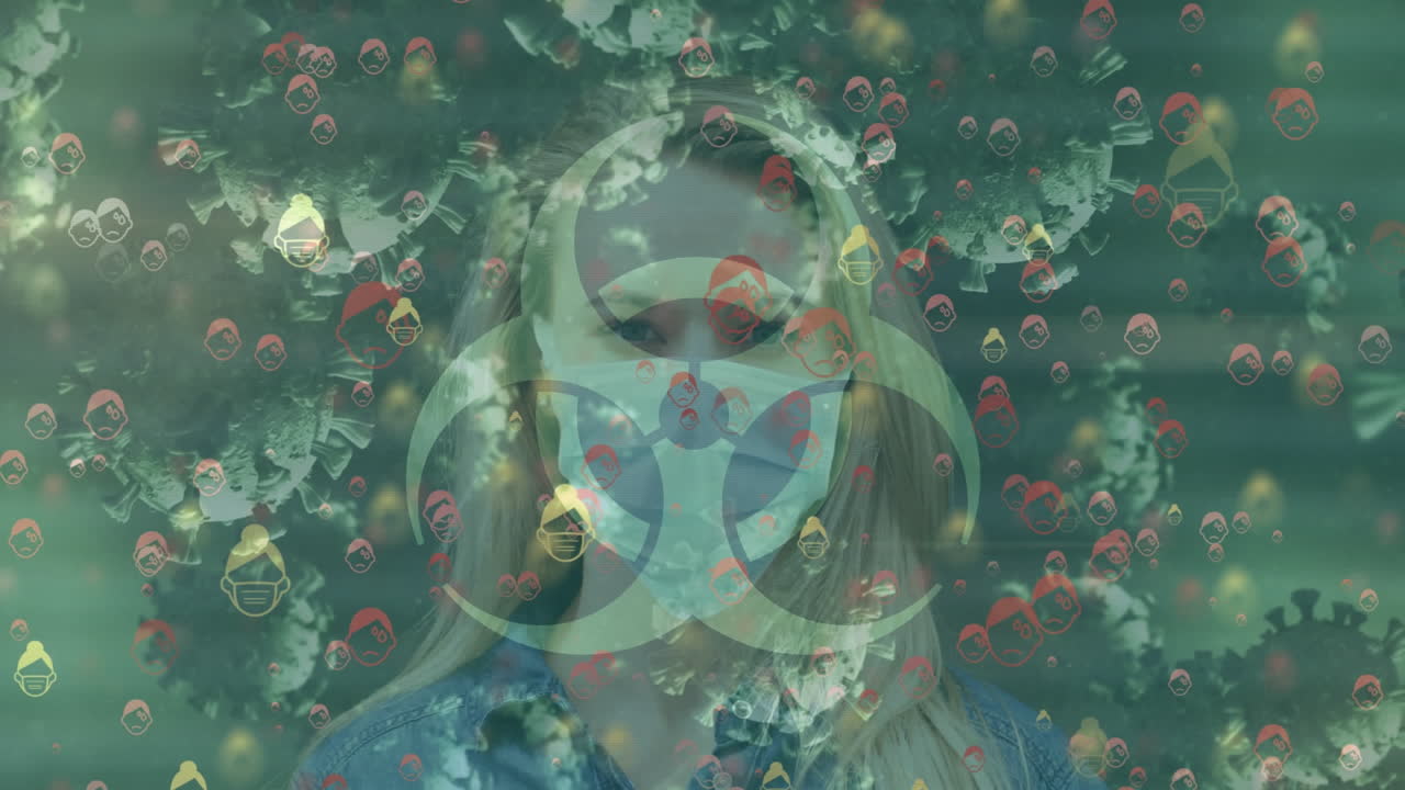 animación de signos de peligro biológico y células de virus sobre una mujer que lleva una máscara facial