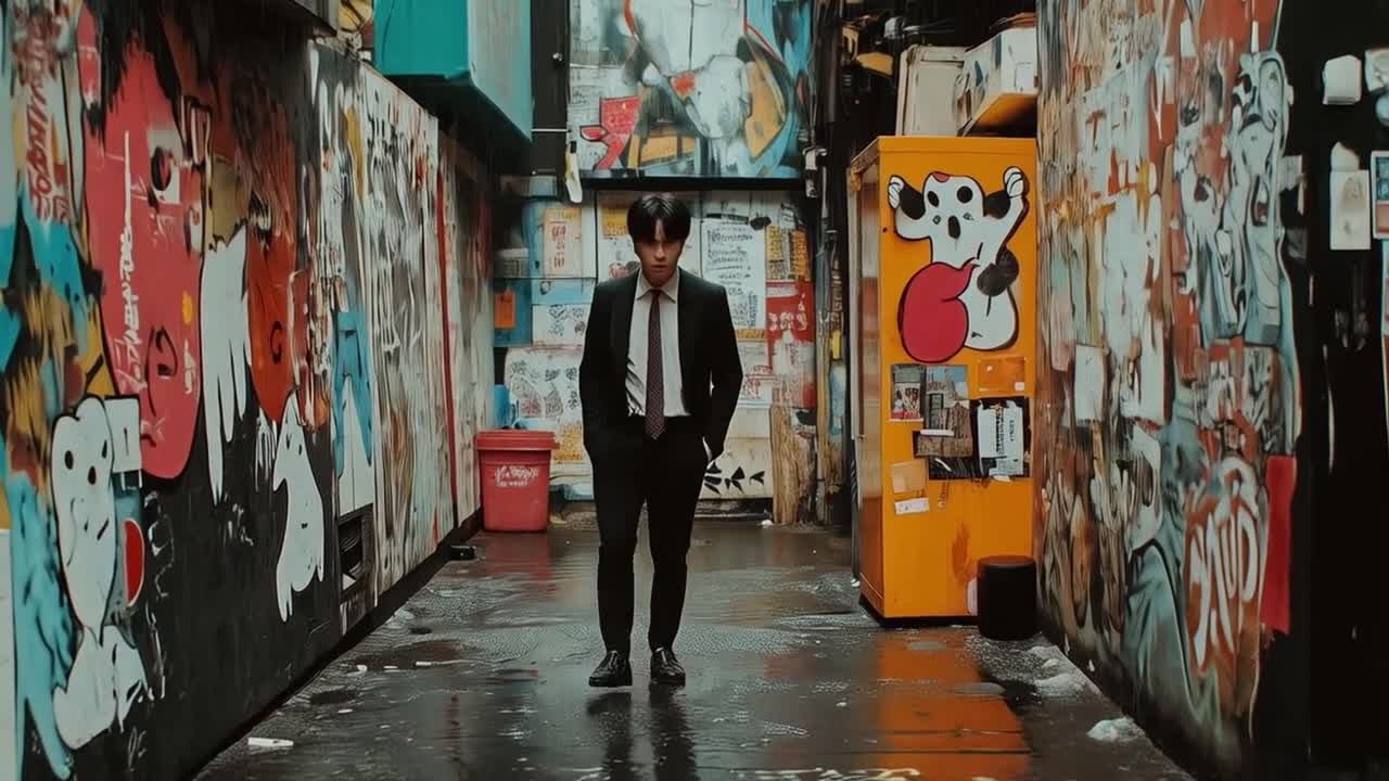 Man walking in graffiti filled alley