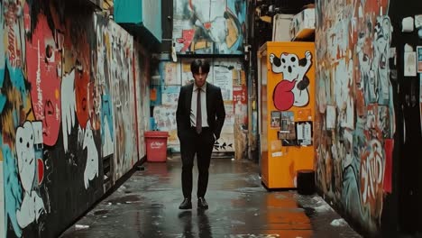 man walking in graffiti filled alley