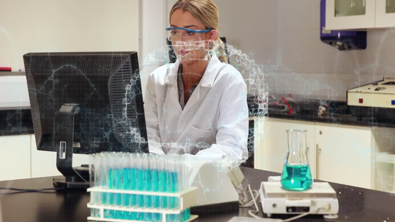 анимация днк и человеческого мозга над женщиной-ученым с помощью компьютера