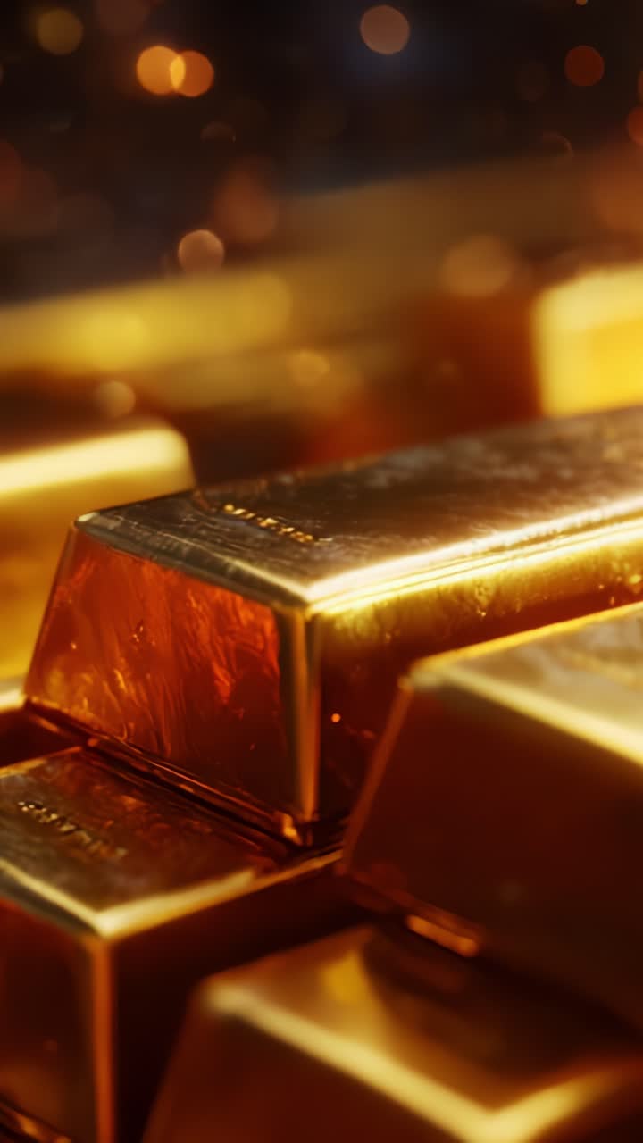 Splendida immagine ravvicinata di lingotti d'oro luccicanti, catturata in un'ambientazione luminosa e scintillante che ne mette in risalto le superfici riflettenti e la texture ricca e brillante