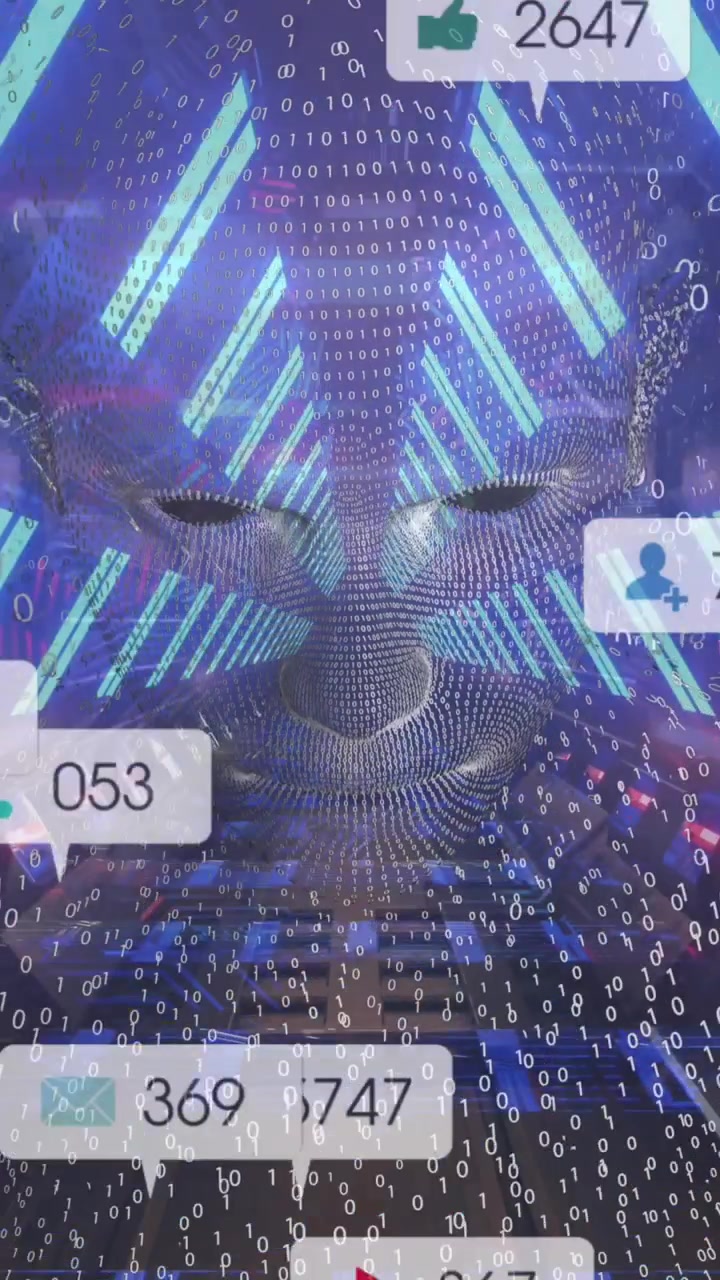 Animation of social media icons over human head model against tunnel in seamless pattern