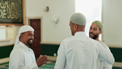 muslim men greeting each other in a mosque