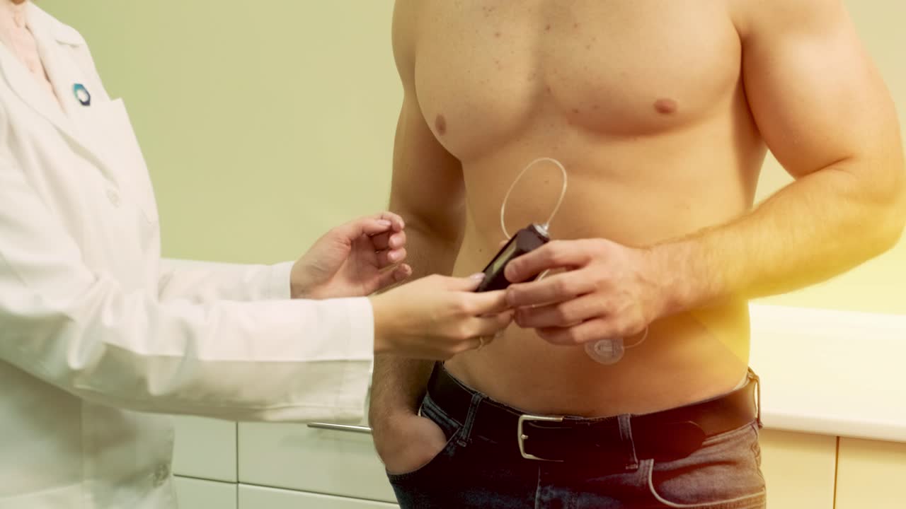 Doctor with an insulin pump connected in patient abdomen and holding the insulin pump at his hands. Diabetes concept.