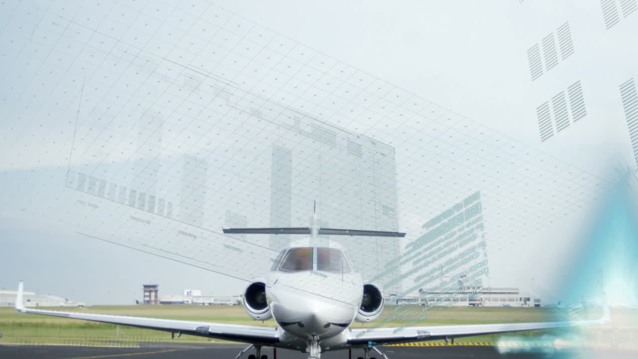 Private jet on runway with financial data processing animation overlay