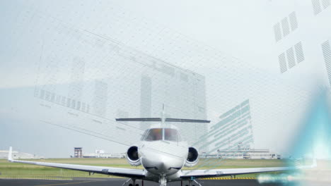 private jet on runway with financial data processing animation overlay