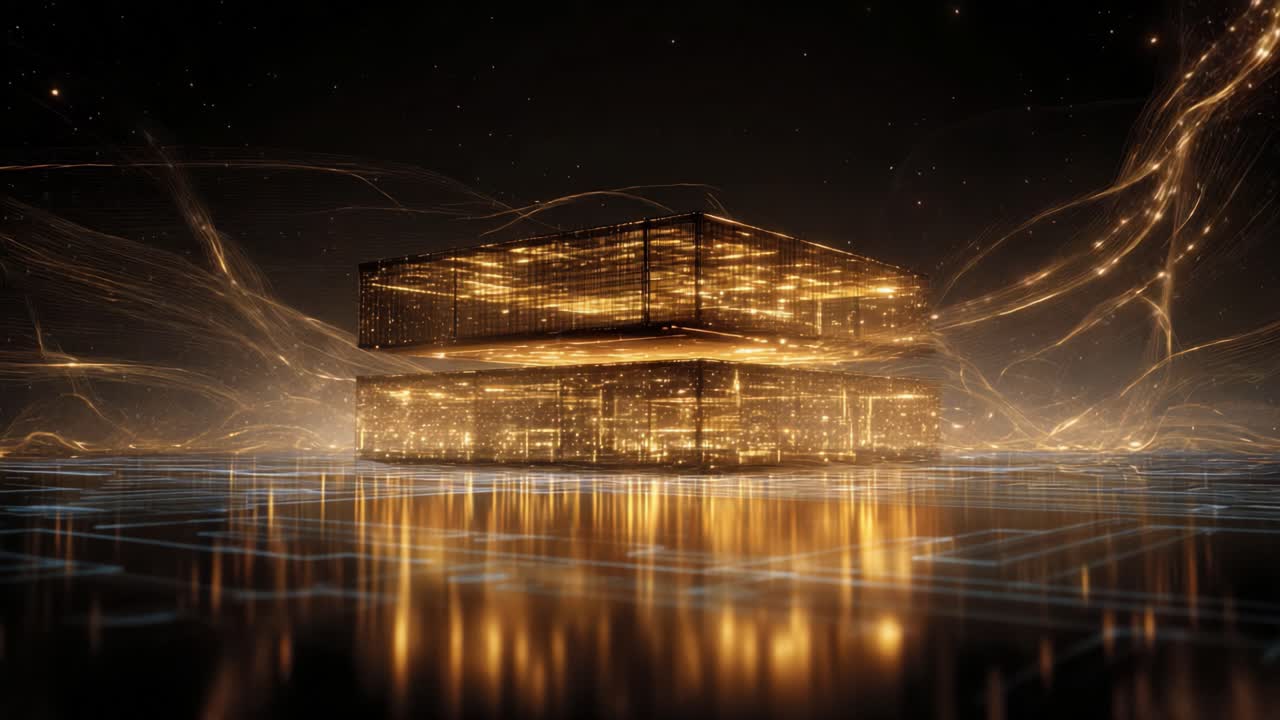 A mesmerizing visualization of an illuminated, multi-layered structure, surrounded by swirling golden lights and shimmering particles, creating a sense of depth and futuristic ambiance in a digital landscape
