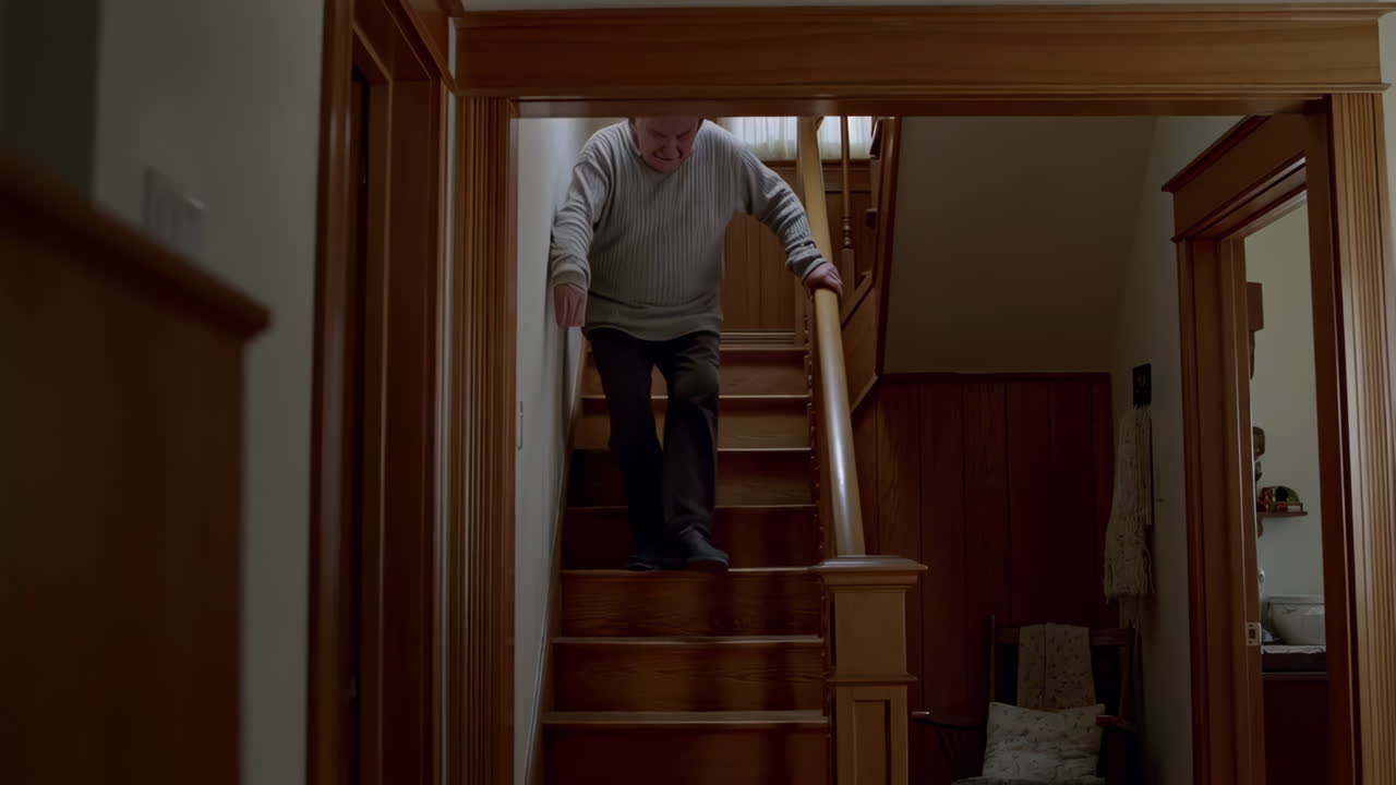 Elderly Man Carefully Descends Wooden Stairs