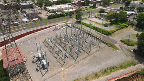 transmission tower near the electrical substation in arkansas, usa