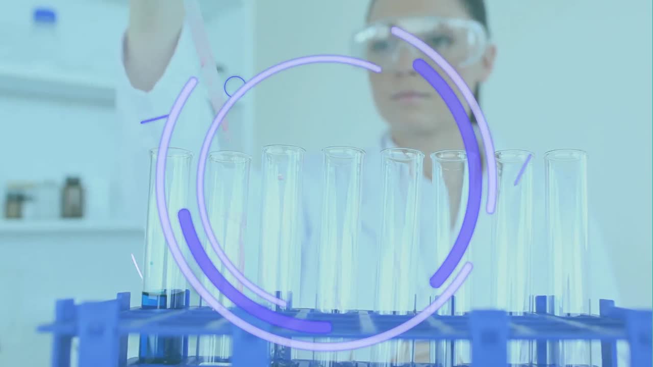 카우카스 여성 과학자에 대한 보라색 모양의 애니메이션