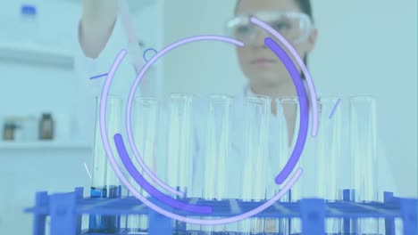 Animation of purple shapes over caucasian female scientist