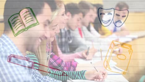 animación de los iconos de los artículos escolares sobre los estudiantes en el aula