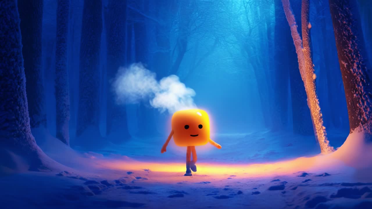 A whimsical character made of cheerful yellow cube material walks through a snowy, blue-toned forest at night, emitting a playful steam aura while exploring its enchanted surroundings