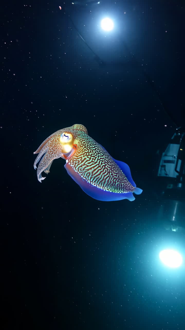Vibrant Cuttlefish Illuminated in Dark Underwater Environment