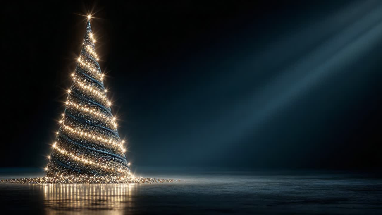 A stunningly illuminated Christmas tree adorned with sparkling lights on a reflective surface, casting enchanting shadows in a dimly lit atmosphere, perfect for festive celebrations