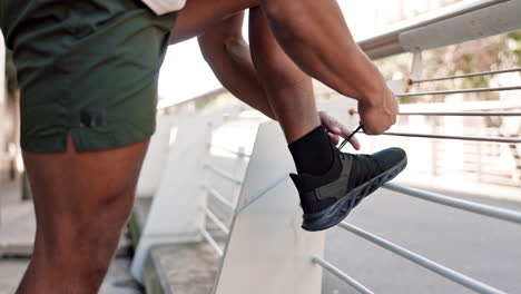 hands, tying and man with shoes for running