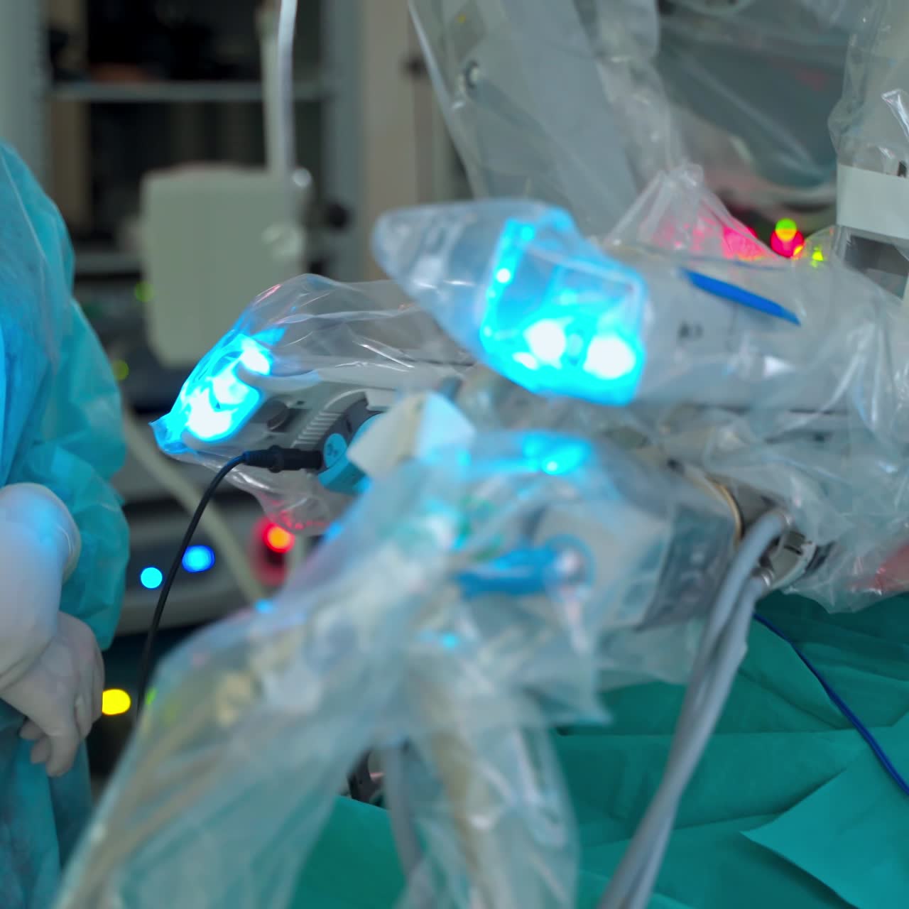 Robotic arms in patient's body. Modern medical equipment with minimal human intervention. Medical robot during operation on patient