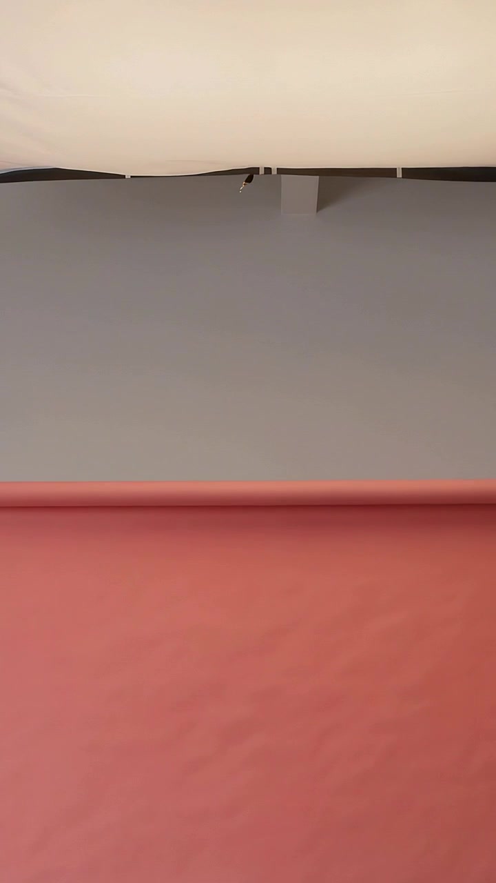 Video verticale: Rullo rotante che cambia lo sfondo dal verde acqua al rosa sul soffitto dello studio con una clip.