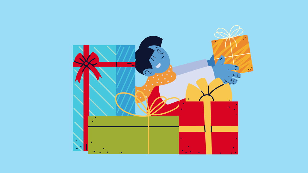 선물에 파란 소년과 함께 메리 크리스마스 애니메이션