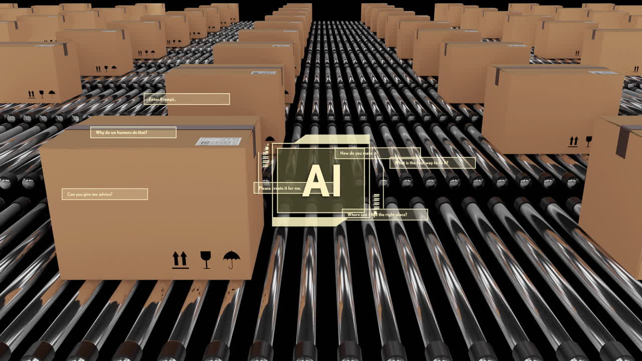 ai texto e iconos sobre cinta transportadora con cajas de cartón