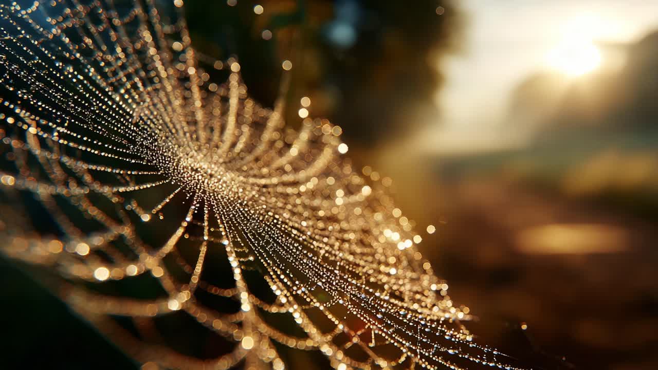 Vista mozzafiato di una ragnatela bagnata che brilla alla luce del mattino, catturando la bellezza della natura e le complessità del design della ragnatela con gocce di rugiada che luccicano come gioielli