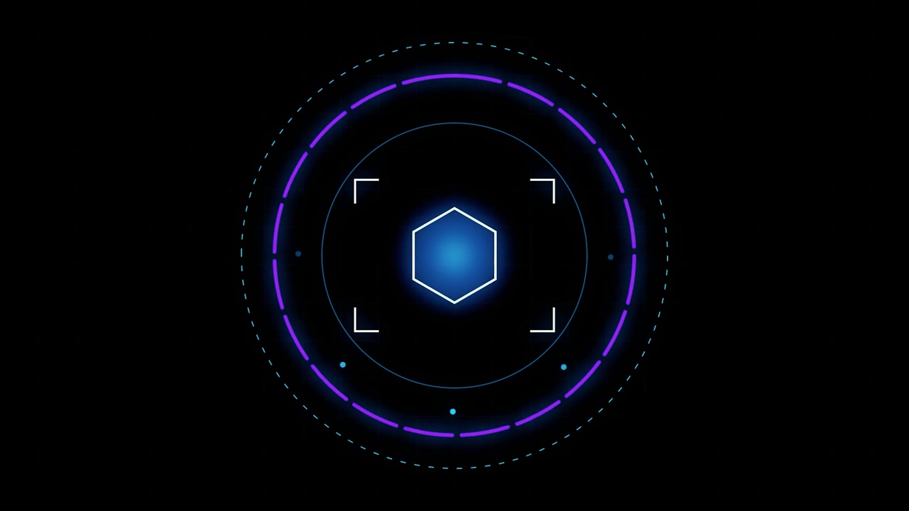 Futuristic Digital Hexagon Interface with Rotating Circular HUD Elements
