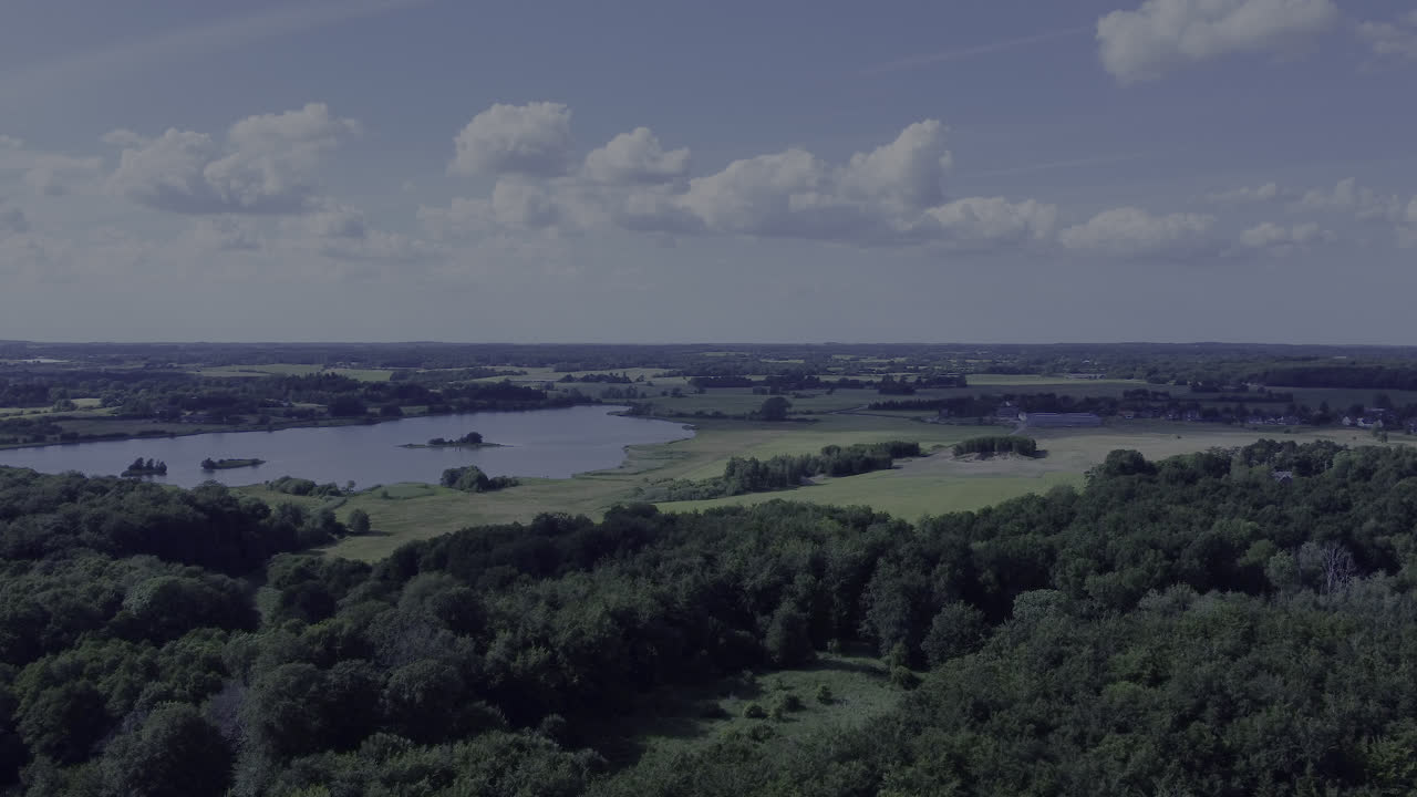 hermosa vista de drones de un bosque con un lago en el fondo durante el verano en dinamarca