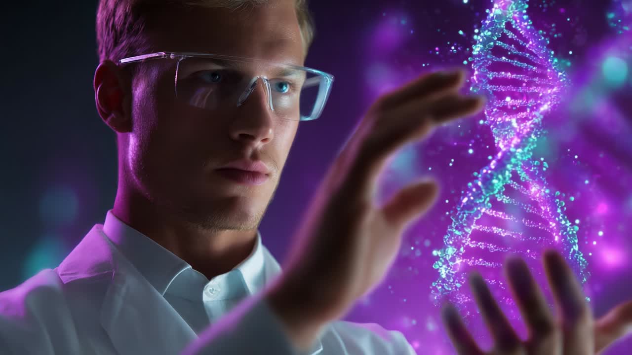 A focused scientist in a lab coat interacts with a digital representation of DNA, showcasing advanced genetic research and biotechnology through his innovative approach and scientific expertise