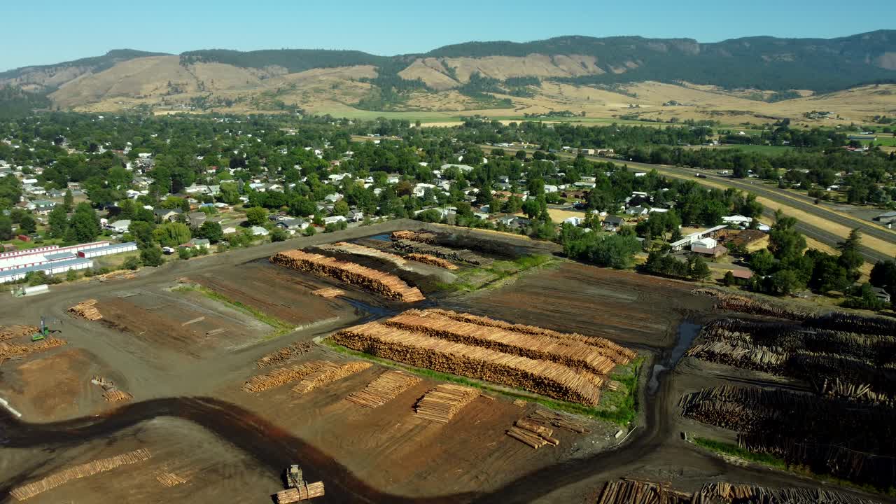 US, Oregon, La Grande, 2025-08-11 - Drone view of the Woodgrain Lumber mill