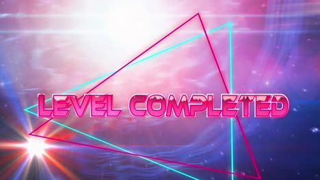 Animation-of-level-completed-text-in-metallic-letters-on-pink-and-blue-triangles-and-universe