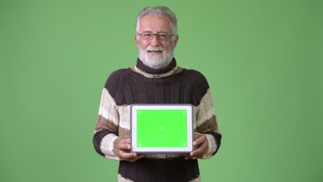 hombre barbudo y guapo con ropa cálida contra un fondo verde