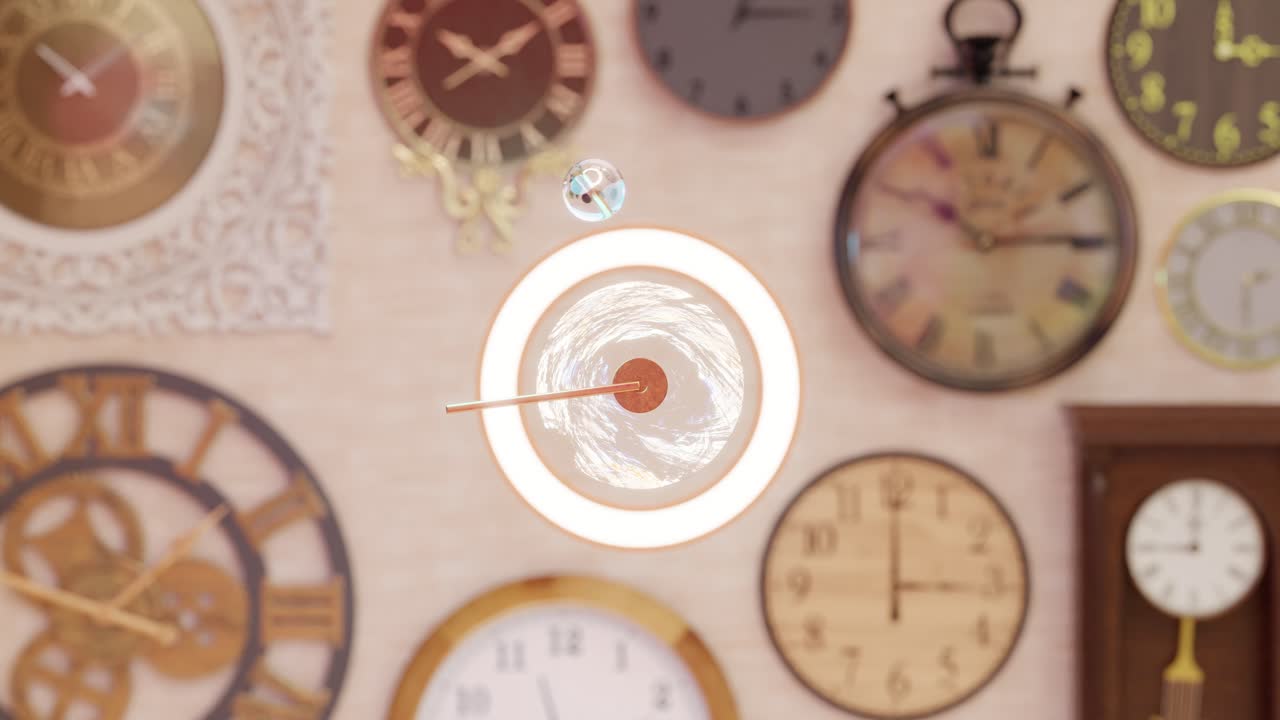 3D rendering of dynamic lever hitting ball against wall clocks