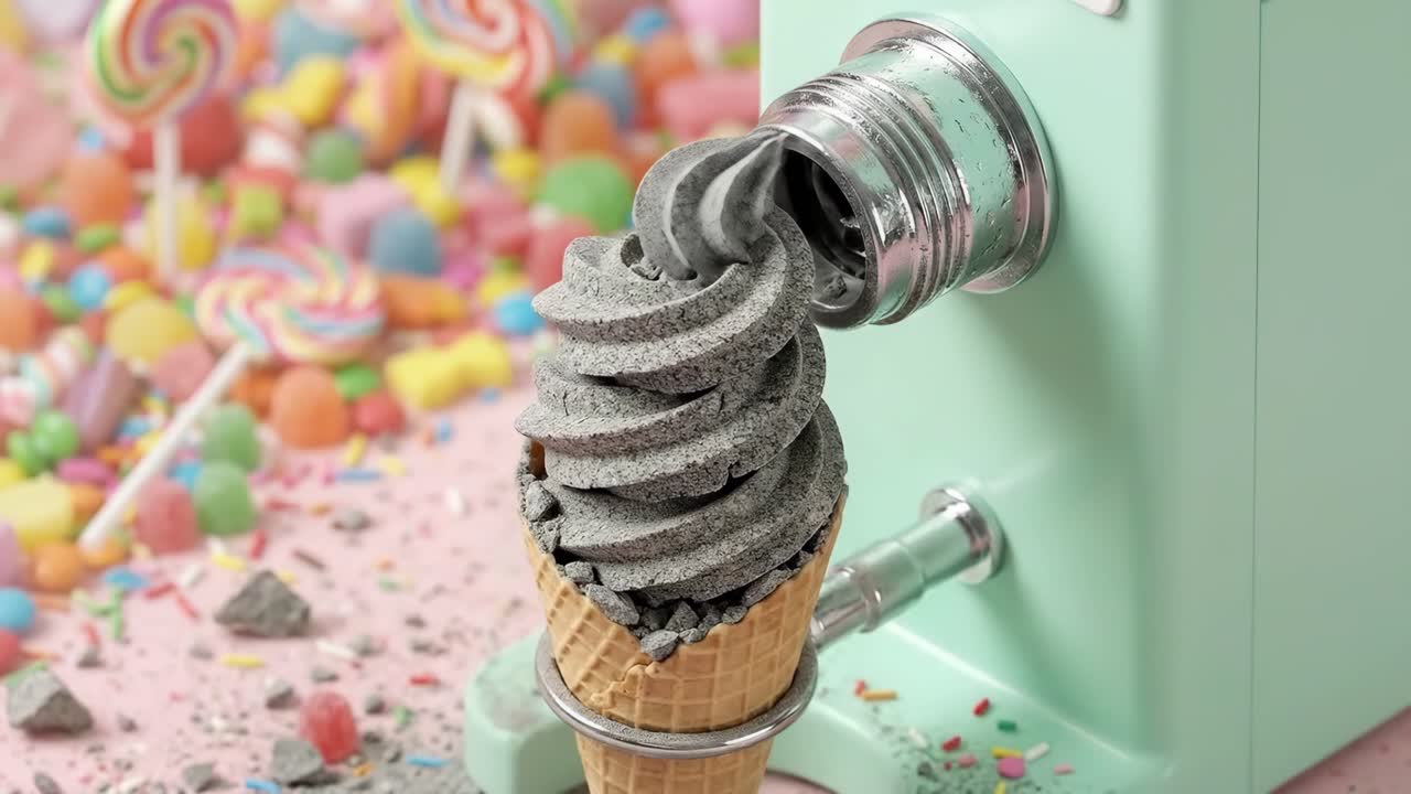 IJsmachine die grijs ijs in een wafelhoorntje dispenseert
