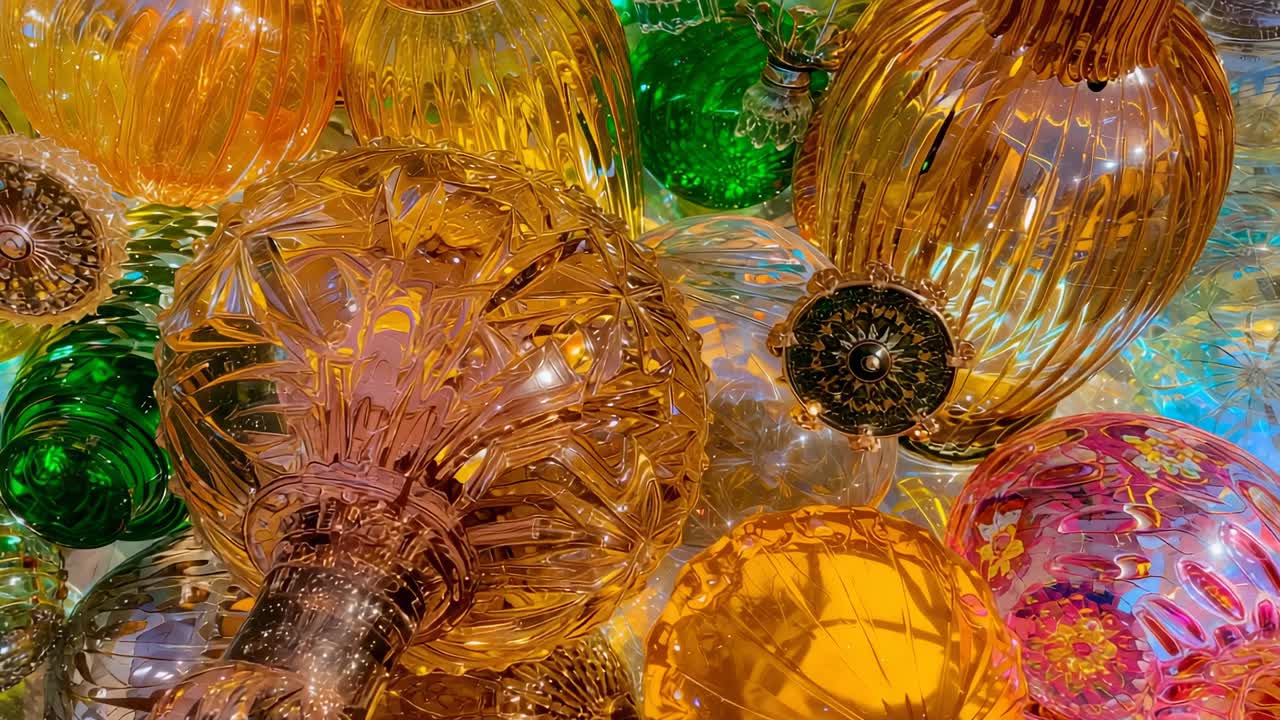 Moving camera revealing cut-glass textures on blown glass spheres in gallery, showcasing patterns