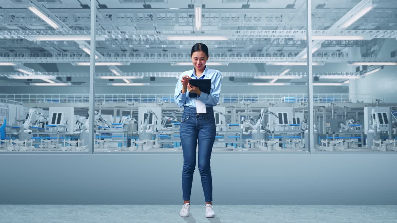 Full Body Of An Asian Female Professional Worker Standing With Her Tablet at Factory Digitalization for Innovative Project, Typing On Her Tablet'S Keybaord With Meditation