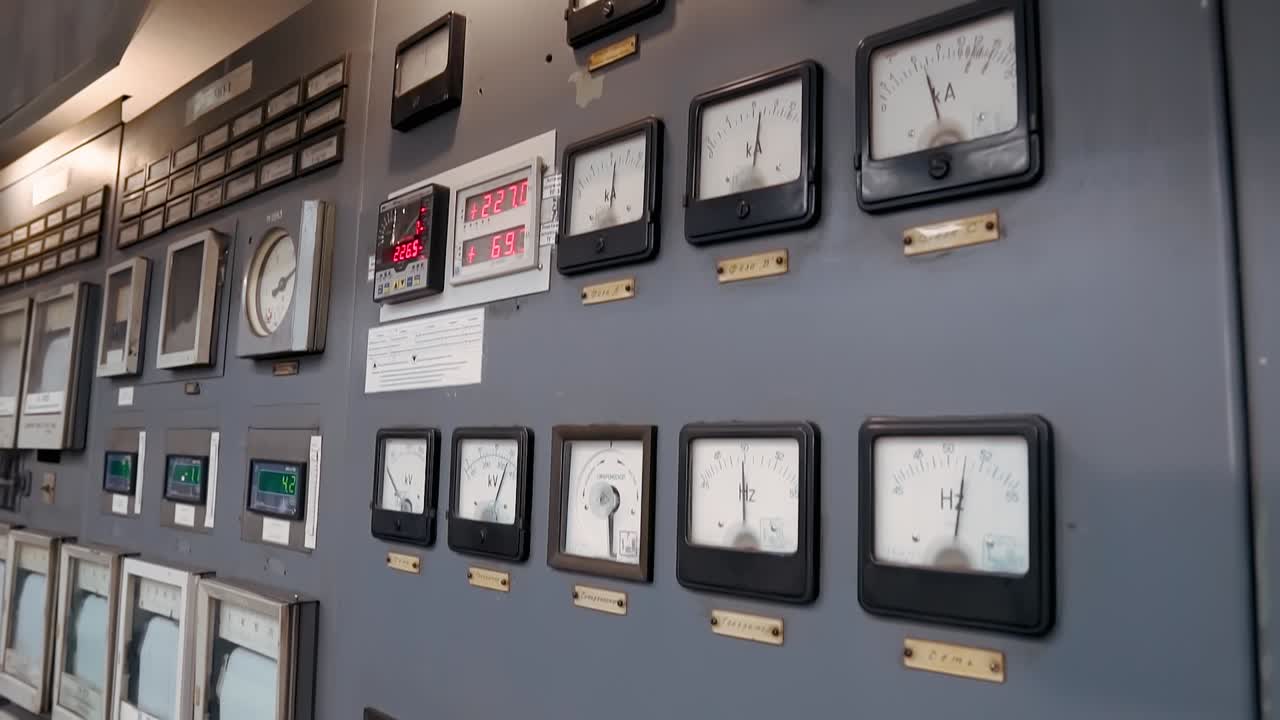 Control panel with buttons and indicators at an old power plant. Devices for measuring electricity and indicators